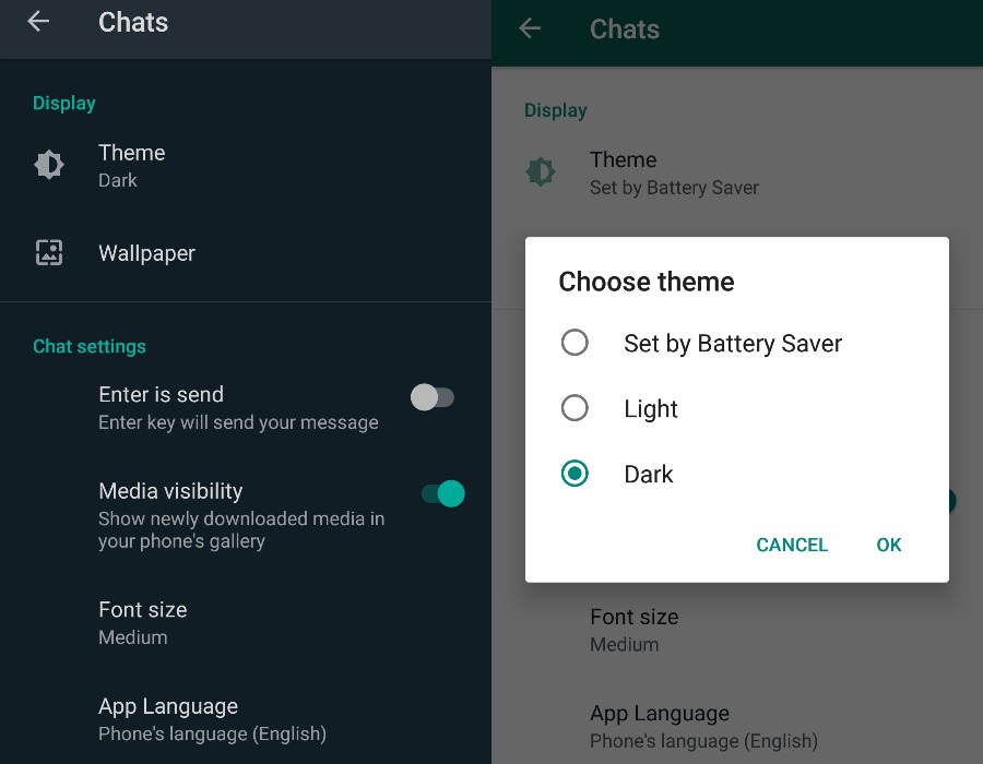 Android için Whatsapp karanlık mod